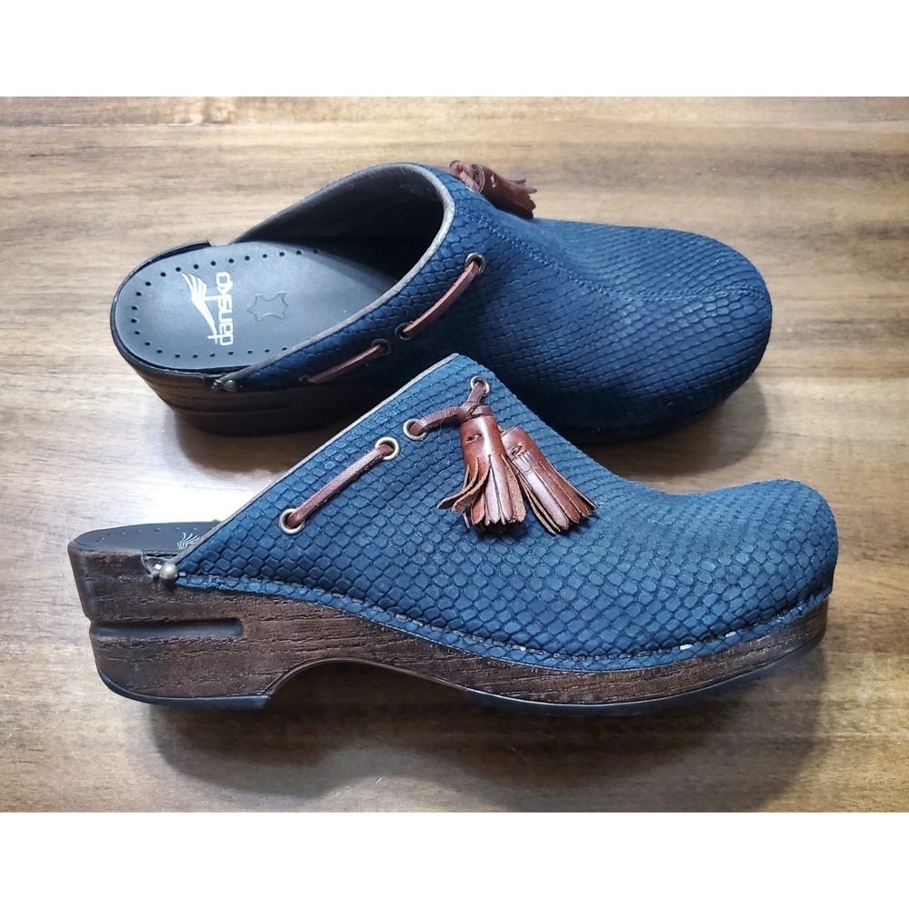 Dansko Shannon Clogs Womens 38 (7.5-8 US) Blue Snake Embossed Leather Tassels